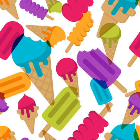 Vector seamless summer pattern with multicolor ice cream. Cones ice cream and ice lolly on white background. Design for trendy print, wrapping paper, web backgrounds. Frozen ice cream desserts.のイラスト素材