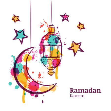 Ramadan greeting card with traditional watercolor lantern, moon and stars. Ramadan Kareem watercolor decoration background. Design for muslim ramadan holiday. Vector arabian holiday background.のイラスト素材