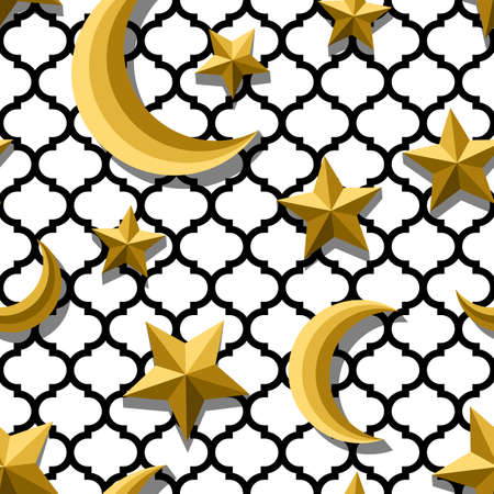 Vector seamless arabic pattern with 3d stylized golden moon and stars. Arabesque ornaments for ramadan holiday decoration. Muslim gold seamless patterns. Ramadan holiday abstract background.のイラスト素材