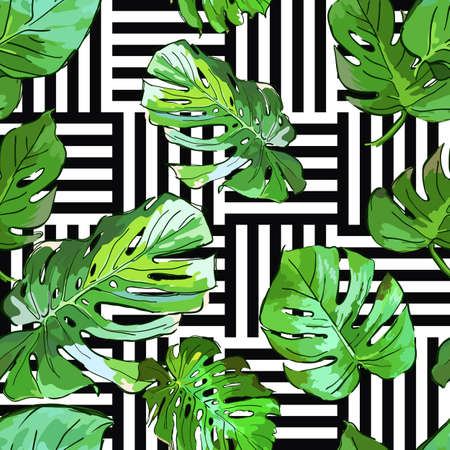 Green palm tree leaves on black and white geometric background. Vector summer seamless pattern. Hand drawn tropical leaves background. Design for fabric, textile print, wrapping paper or web.のイラスト素材