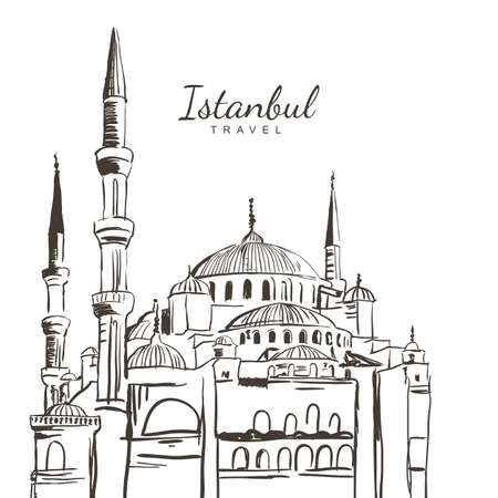 Vector hand drawn sketch illustration of Blue Mosque, Sultanahmet Camii. Istanbul architecture and landmarks, isolated on white background. Design concept for travel around Turkey.のイラスト素材