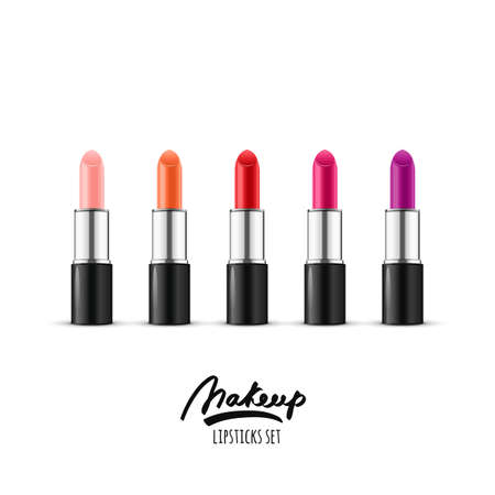 Vector realistic illustration of multicolor lipstick. Makeup icons set. Red and pink lipsticks isolated on white background. Design concept for cosmetics label, visage and makeup.のイラスト素材