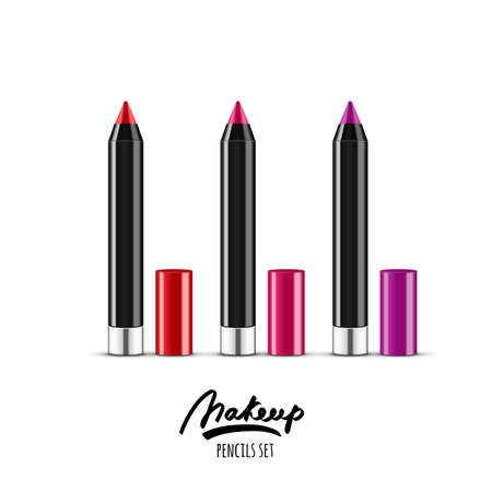 Vector realistic illustration of multicolor cosmetics pencils. Makeup icons set. Red and pink cosmetic pencils isolated on white background. Design concept for cosmetics label, visage and makeup.のイラスト素材