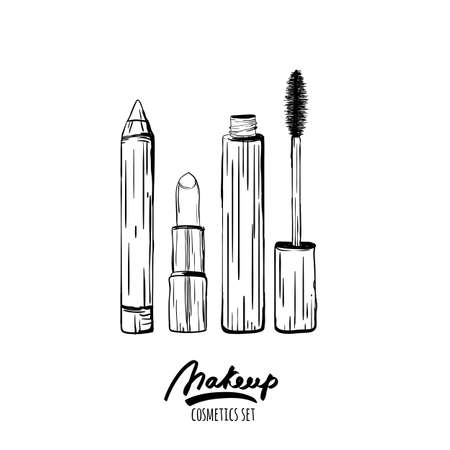 Vector hand drawn monochrome illustration of makeup cosmetics set. Sketch of lipstick, mascara, cosmetic pencils, isolated on white background. Design concept for cosmetics label, visage, makeup.のイラスト素材