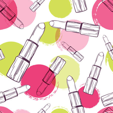 Vector seamless pattern with lipsticks and watercolor blots. Hand drawn background with makeup cosmetics sketch. Design for fashion textile print, wrapping, makeup labels and packages.のイラスト素材