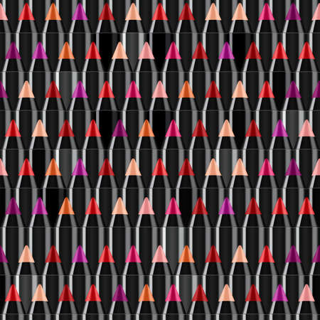 Vector seamless background with black cosmetic pencils. Closeup texture of makeup cosmetics. Design concept for fashion industry, makeup packages, banner backgrounds.のイラスト素材