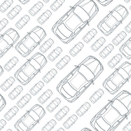 Vector seamless monochrome pattern with outline cars. Top view isolated line car icons. Street traffic, parking, transport or car repair service concept. Automobile simple background.のイラスト素材