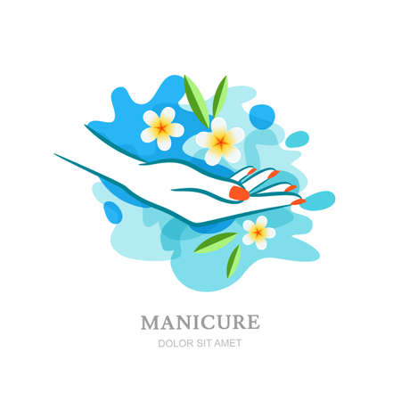 Womens hand and tropical flowers in clean water. Vector  , label, emblem design elements and backgrounds. Concept for beauty salon, spa manicure, female hands cosmetic, organic care.のイラスト素材