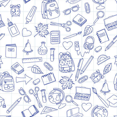 Vector seamless pattern with doodle school tools. Hand drawn school icons. Back to school illustration on school notebook sheet of paper. Design for fashion print, wrapping, web backgrounds.のイラスト素材