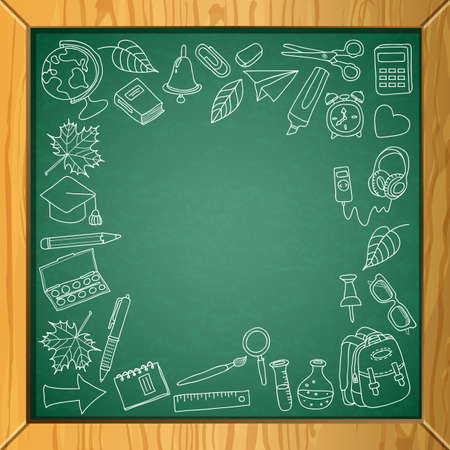 Vector school chalkboard background with place for text. Hand drawn school supplies icons and design elements. Design for poster or banner. Education concept.のイラスト素材