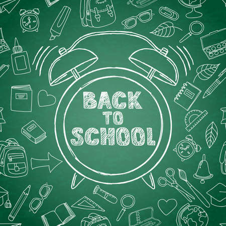 Back to school vector sketch lettering and hand drawn watercolor alarm clock. Green board background with outline doodle school supplies icons. Design for poster, banner, school or education theme.のイラスト素材