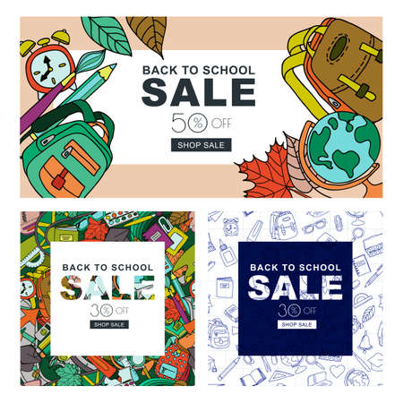 Set of back to school sale banners with backpack, pencil, brush, autumn leaves. Vector banners and flyers. Color doodle education and school supplies. Hand drawn creative design .のイラスト素材