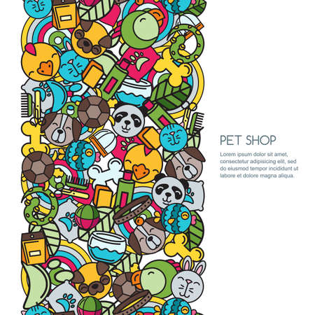 Vector seamless vertical background with flat pets icons. Goods for animals. Design for pet shop, pets care, grooming or veterinary. Banner or poster background.のイラスト素材