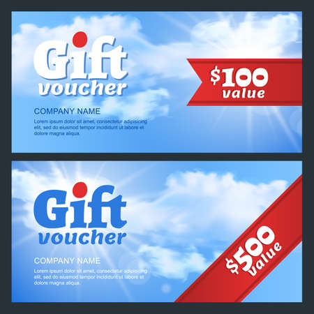 Vector gift voucher or business card template. Blue sky with sun light, abstract background. Design concept for gift coupon, invitation, certificate, flyer, banner, ticket.のイラスト素材