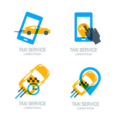 Set of vector online taxi service icons and symbol. Human hand with mobile phone. Taxi app concept. Taxi cab location point. Call taxi via smartphone.のイラスト素材