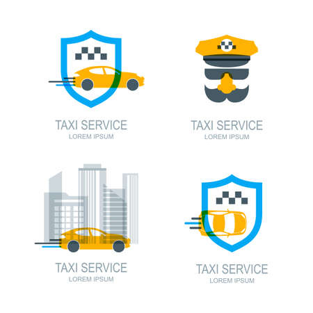 Set of vector online taxi service   icons and symbol. Yellow taxi car, shield and city buildings. Taxi app concept. Taxi cab location point.のイラスト素材