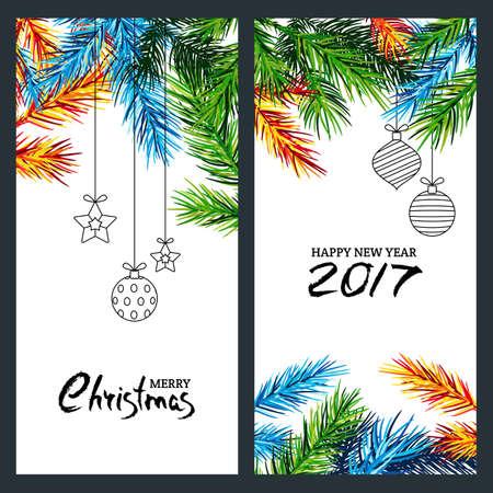 Merry Christmas and Happy New Year 2017. Set of  poster with multicolor fir branches, toys and calligraphy lettering. Design elements for invitation and greeting cards.のイラスト素材