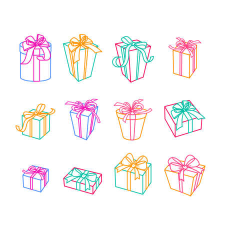 Set of  outline gift icons. Multicolor boxes with ribbons, isolated illustration. Trendy design elements for holiday greeting card, gift shop, voucherのイラスト素材