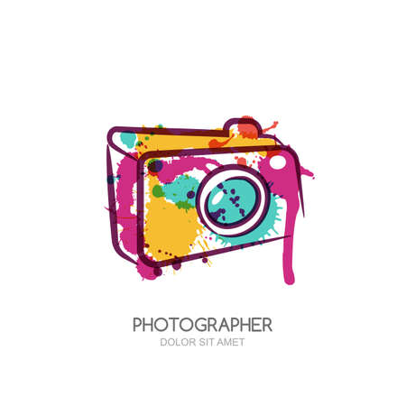 watercolor illustration of colorful digital photo camera. Abstract design template. Watercolor background. Concept for photographer, portfolio, photo album and photo app.のイラスト素材