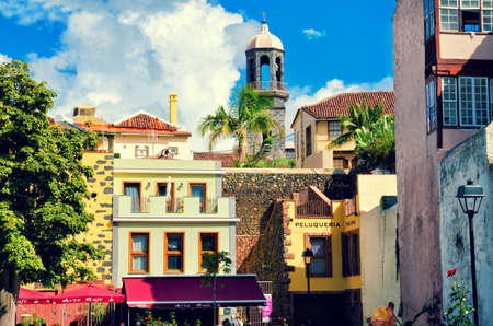 La Orotava, Tenerife, Spain- November 6, 2016: City street in La Orotava, traditional houses, cafe and church. Historical center and architecture of La Orotava. Tenerife, Canary islands, Spainのeditorial素材
