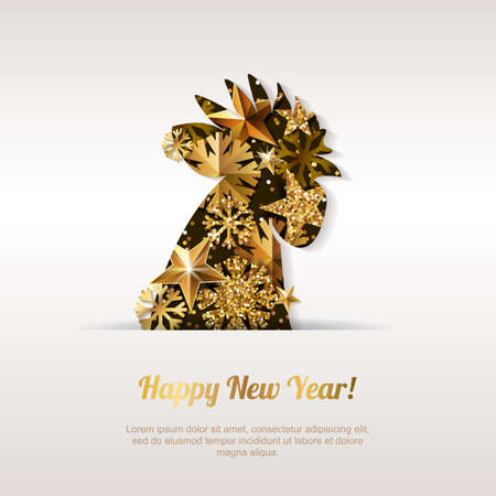 Happy New Year 2017 vector greeting card with golden rooster. Chinese calendar decoration. Gold cock illustration symbol of 2017. Concept for holiday banner, poster, flyer backgrounds.のイラスト素材