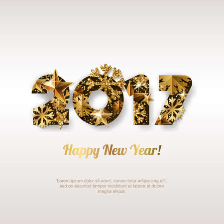 Happy New Year 2017 vector greeting card with golden numbers. Abstract holiday glowing background. Stars and snowflakes with gold shining pattern. Concept for New Year banner, poster, flyer.のイラスト素材