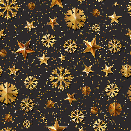 Christmas or New Year vector seamless pattern with gold stars and snowflakes. Holiday black glowing background. Golden shining texture for banner, poster, flyer, party invitation, web backgrounds.のイラスト素材