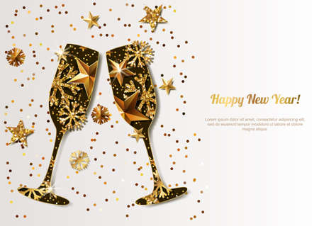 Happy New Year vector greeting card with gold drinking glasses. Holiday glowing background. Stars, snowflakes with golden pattern. Concept for New Year banner, poster, flyer, party invitation.のイラスト素材