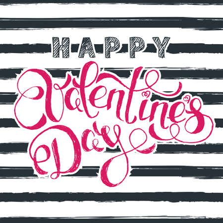 Happy Valentines day vector greeting card with pink hand drawn calligraphy lettering and watercolor black stripes. Concept for Valentines banner, poster, flyer, party invitation, textile prints.のイラスト素材