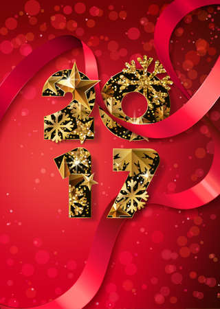 Happy New Year 2017 vector greeting card with golden numbers. Holiday red background with ribbon, stars and snowflakes. Concept for New Year banner, poster, flyer, party invitation..のイラスト素材