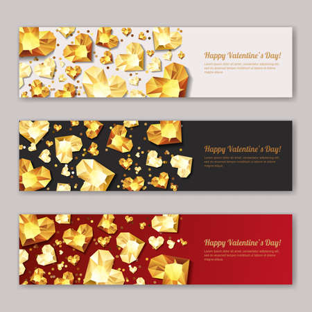 Set of Valentines day vector horizontal banners with 3d gold heart diamonds, gems, jewels. Holiday golden background. Design for poster, flyer, party invitation, web backgrounds, jewelry gift shop.のイラスト素材