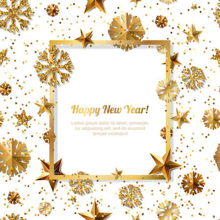 New Year concept. 3d gold stars and snowflakes with square frame on white background with place for text. Vector illustration. Design for for banner, flyer, party invitation, holiday greeting card.のイラスト素材