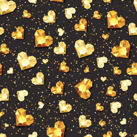 Vector seamless black glossy background with 3d gold heart diamonds, gems, jewels. Golden holiday texture for Valentines greeting card, banner, poster, flyer, party invitation, jewelry gift shop.のイラスト素材