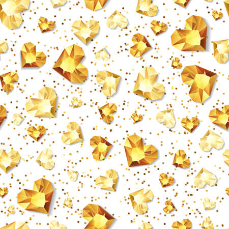 Vector seamless white glossy background with 3d gold heart diamonds, gems, jewels. Golden holiday texture for Valentines greeting card, banner, poster, flyer, party invitation, jewelry gift shop.のイラスト素材