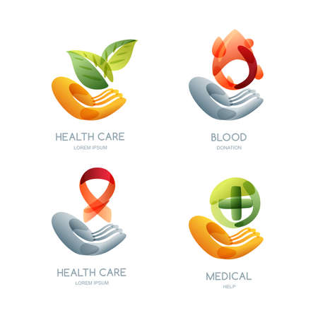 Set of charity and health vector, icon, emblem design. Human hand holding leaves, blood drop, ribbon cancer awareness, cross. Concept for voluntary, non profit organization or healthcare.のイラスト素材