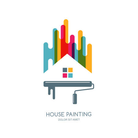label or emblem design. House painting service, decor and repair multi color isolated icon. Concept for home decoration, building, house construction and staining.のイラスト素材