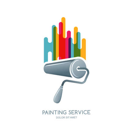 label or emblem design element. Paint roller and multi color paints isolated icon. Concept for home decoration, building and staining, House painting service, decor and repair.のイラスト素材