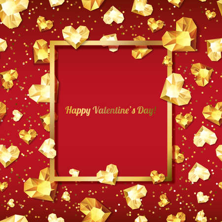 Valentines day vector illustration. 3d gold heart diamonds, gems, jewels. with square frame with place for text. Design for greeting card, banner, poster, flyer, party invitation, jewelry gift shop.のイラスト素材