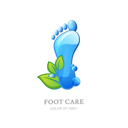 Womens foot care vector logo, label design. Female sole with clean water texture and green leaves. Concept for beauty salon, pedicure cosmetics, organic body care and spa.のイラスト素材