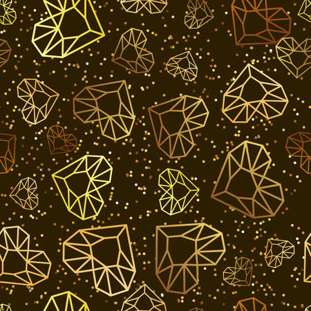 seamless black glossy background with linear gold heart diamonds, gems, jewels. Golden holiday texture for Valentines greeting card, banner, poster, party invitation, jewelry gift shop.のイラスト素材