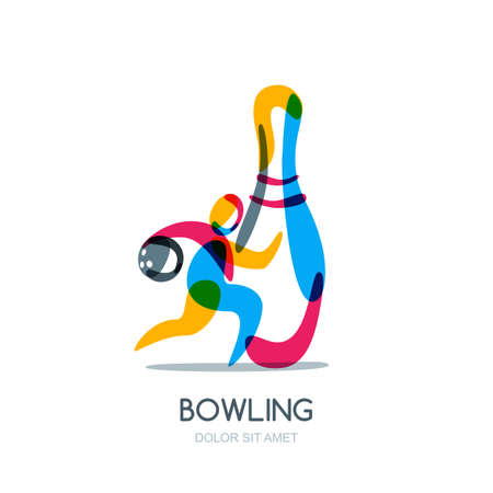 Bowling game, icon or emblem design. Running human with bowling ball in hand and multicolor pin. Sport man isolated overlapping illustration.のイラスト素材