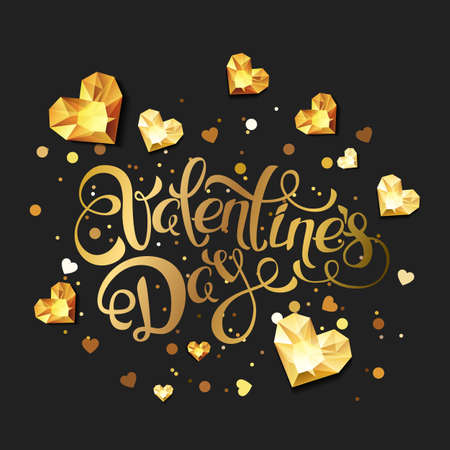 Valentines day greeting card. Hand drawn calligraphy lettering and 3d gold heart diamonds, gems, jewels. Design elements for Valentines banner, poster, party invitation, backgrounds.のイラスト素材