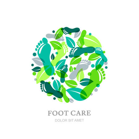 Foot care label or emblem design elements. Sole, footprint and green leaves in circle shape. Concept for beauty salon, pedicure cosmetics, organic body and health care.のイラスト素材