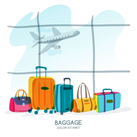 Travel and tourism concept. Multicolor luggage, suitcase, bag at the airport terminal window and flying plane. Vector doodle isolated illustration. Trendy flat design for summer vacation.のイラスト素材