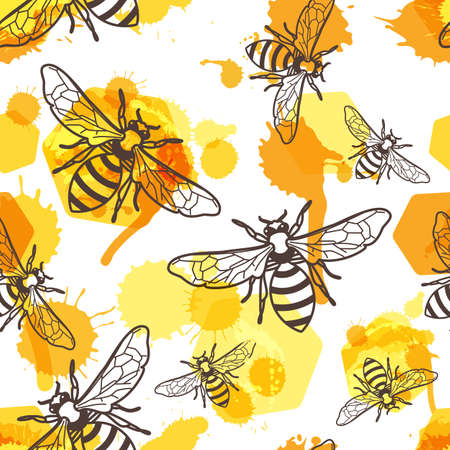 Vector seamless pattern with linear bee, liquid honey and watercolor honeycombs. Organic honey background. Concept for honey package design, label, wrapping, prints.のイラスト素材