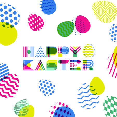 Happy Easter vector greeting card, banner or poster design template. Geometric lettering and colorful Easter eggs. Overlapping creative  . Modern concept for holiday.のイラスト素材