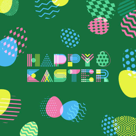 Happy Easter vector greeting card, banner or poster design template. Geometric lettering and colorful Easter eggs. Overlapping creative green  . Modern concept for holiday.のイラスト素材