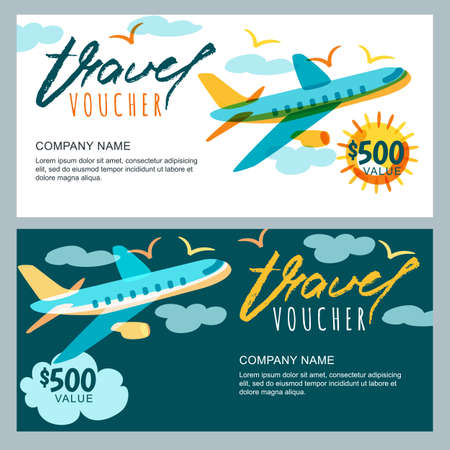 Vector gift travel voucher template. Multicolor flying airplane in the sky. Concept for summer vacation, travel agency and sale ticket. Banner, coupon, certificate, flyer, ticket layout.のイラスト素材