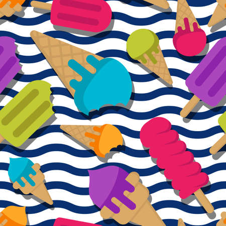 Vector seamless summer pattern with multicolor ice cream on wavy stripes. Cones ice cream and ice lolly pattern. Design for trendy print, wrapping paper, web backgrounds.のイラスト素材