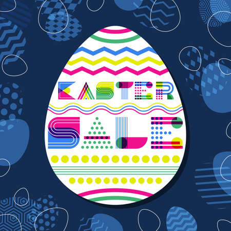 Easter sale vector banner design template. Geometric lettering in egg shape and Easter eggs on blue background. Modern layout for holiday shopping, discount labels, flyers, gift voucher.のイラスト素材